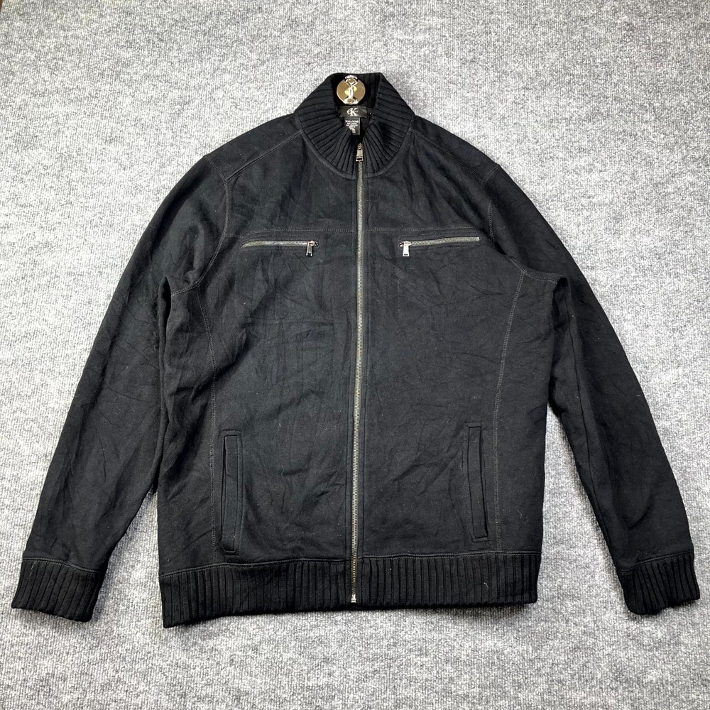 Calvin Klein Jacket Mens 2XL Black Cotton Fleece Lined Ribbed Knit Full Zip Warm